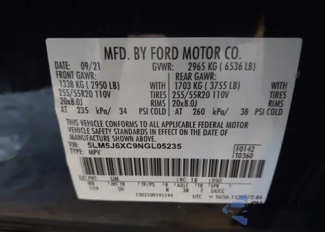 2022 Lincoln Aviator Standard z USA, uszkodzony, nr VIN 5LM5J6XC9NGL05235